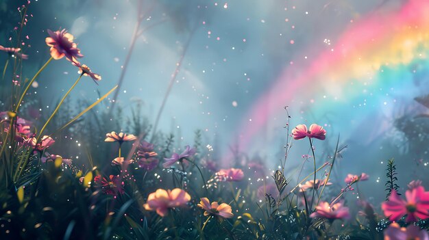 Photo a rainbow in the sky over a field of flowers