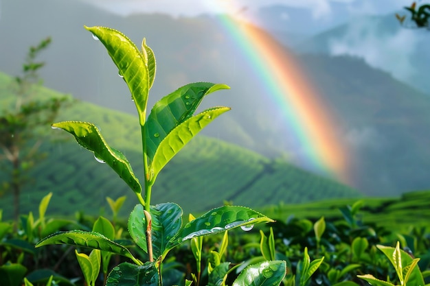 a rainbow in the sky above a tea plantation