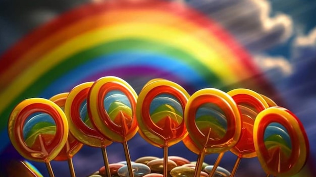 Photo rainbow in the sky with lollipops in the foreground