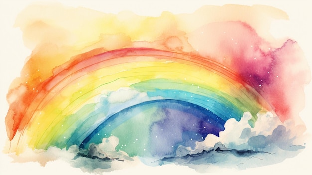 A rainbow in the sky with a pink and yellow background.