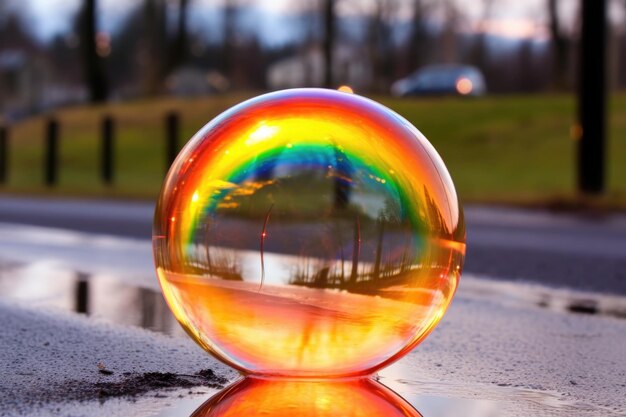 Rainbow spectrum reflected in soap bubble created with generative ai