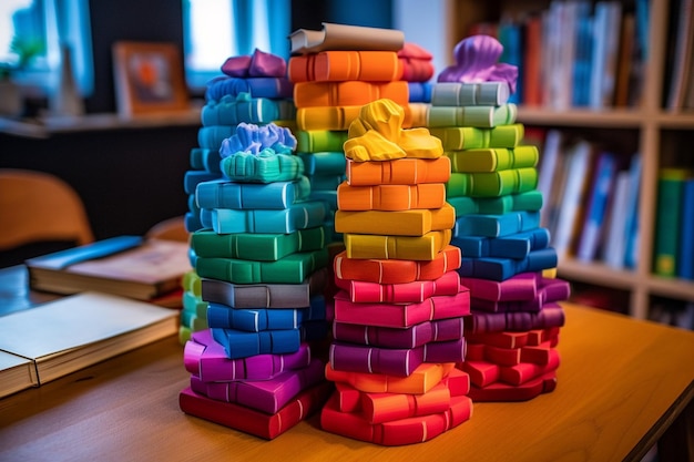 Photo rainbow stack of literature in the library