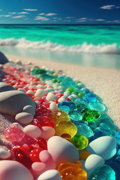 Rainbow of stones on a beach next to the ocean generative ai