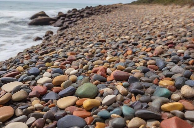 Rainbow of stones on a beach next to the ocean