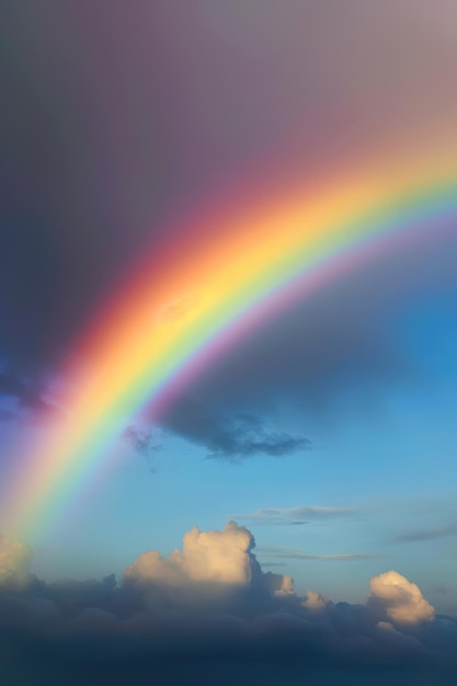 Rainbow over stormy sky with clouds