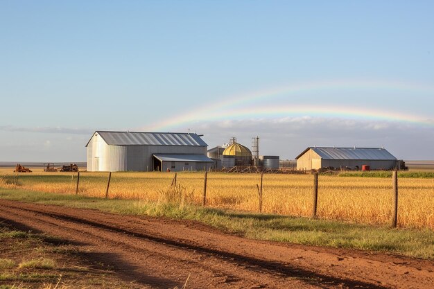 Rainbow stretching over a rural farmland with barns and silos