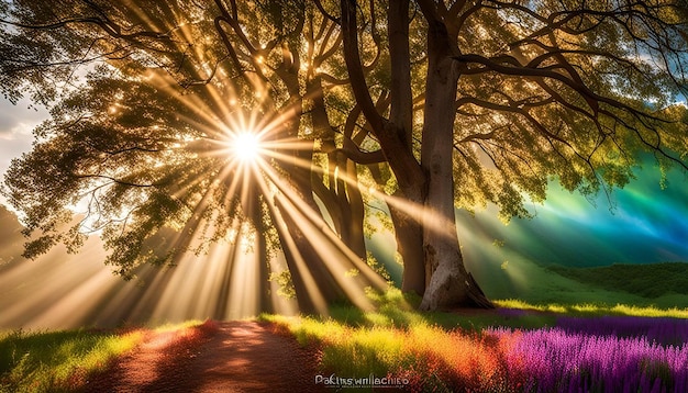 Photo rainbow and sunlight through trees