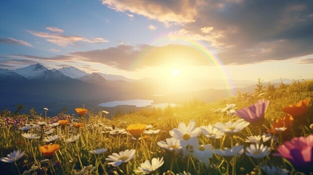 rainbow on sunset sky across a stunning vista landscapemountains wildflowers sun flares