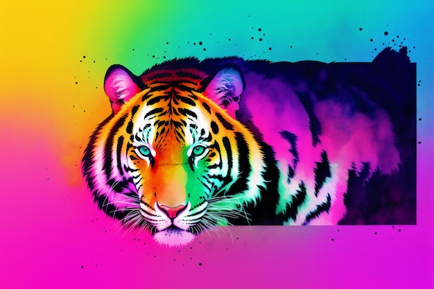 Photo a rainbow tiger is looking out of a hole in the wall.