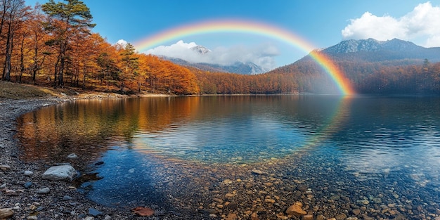 Rainbow Over a Tranquil Mountain Lake with Autumn Foliage