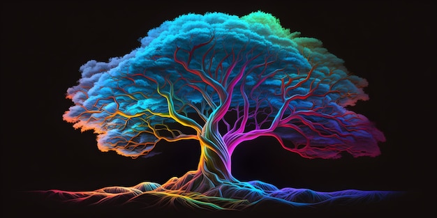 A rainbow tree is shown in a black background.