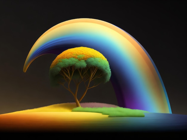 A rainbow tree is surrounded by a rainbow.