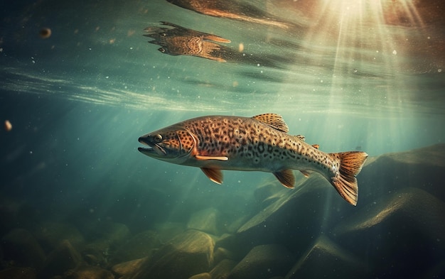 a rainbow trout is swimming in the water.