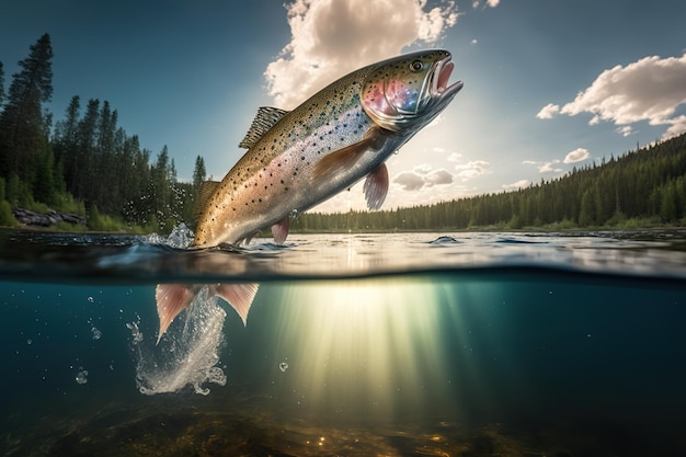 Rainbow trout splashing in the river fishing Fish spawning season trout jumping out of the water