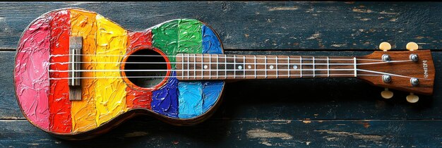 Photo rainbow ukulele on rustic wooden background