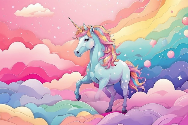 Rainbow unicorn background with clouds and stars Pastel color sky Magical landscape abstract fabulous pattern