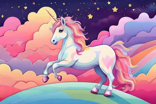 Rainbow unicorn background with clouds and stars Pastel color sky Magical landscape abstract fabulous pattern