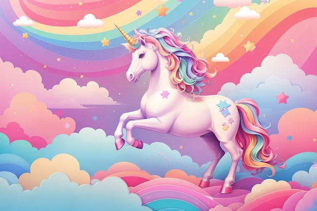 Rainbow unicorn background with clouds and stars Pastel color sky Magical landscape abstract fabulous pattern