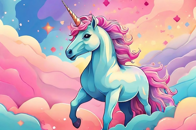 Rainbow unicorn background with clouds and stars Pastel color sky Magical landscape abstract fabulous pattern