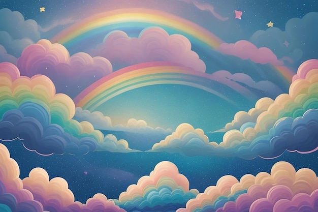 Rainbow unicorn background with clouds and stars Pastel color sky Magical landscape abstract fabulous pattern