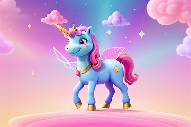 Rainbow unicorn pastel background with glitter stars Pink cloudy fantasy sky