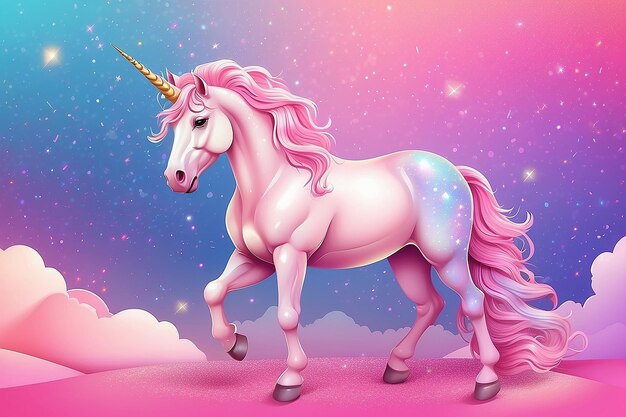 Rainbow unicorn pastel background with glitter stars Pink cloudy fantasy sky