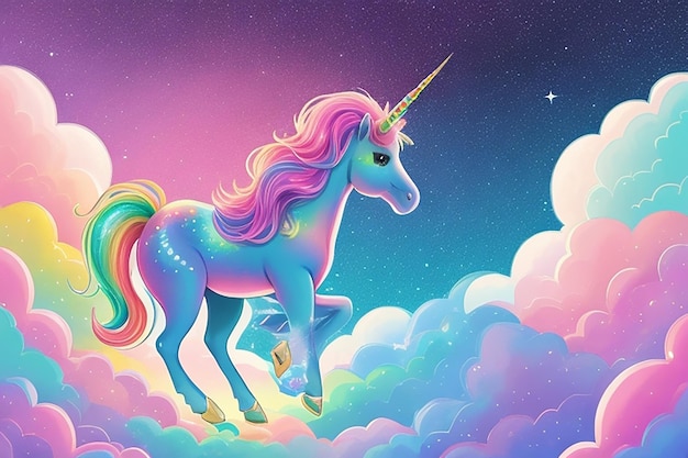 Rainbow unicorn pastel background with glitter stars Pink cloudy fantasy sky