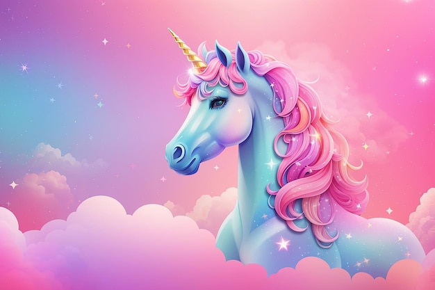 Rainbow unicorn pastel background with glitter stars Pink cloudy fantasy sky