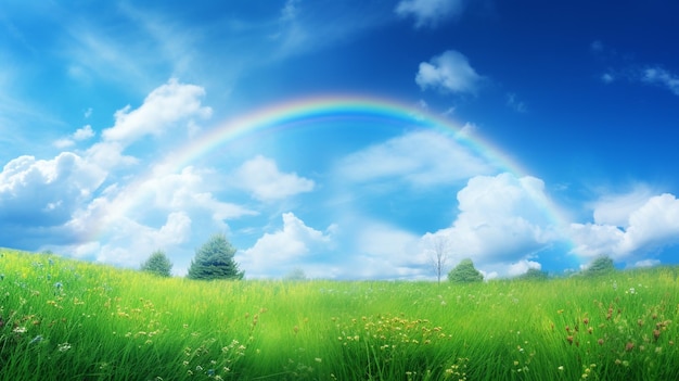 a rainbow visible over the green grass on the meadow in the style of light skyblue and dark emeral