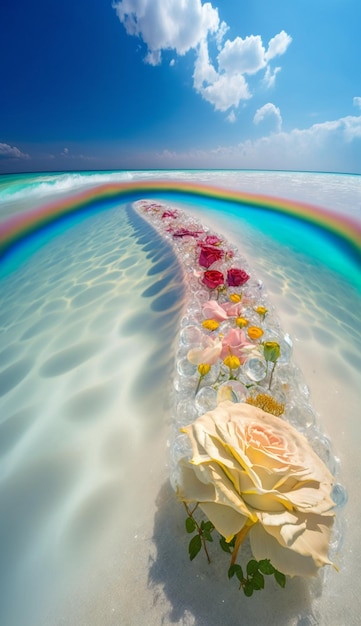 A rainbow in the water with a flower in it