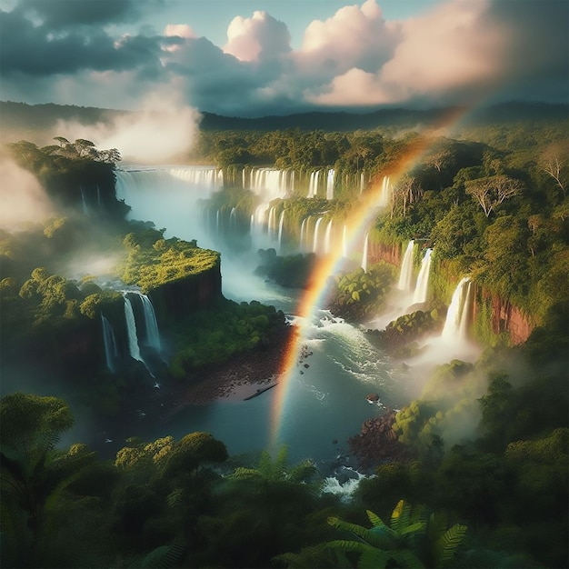 A rainbow over a waterfall surrounded by lush vegetation