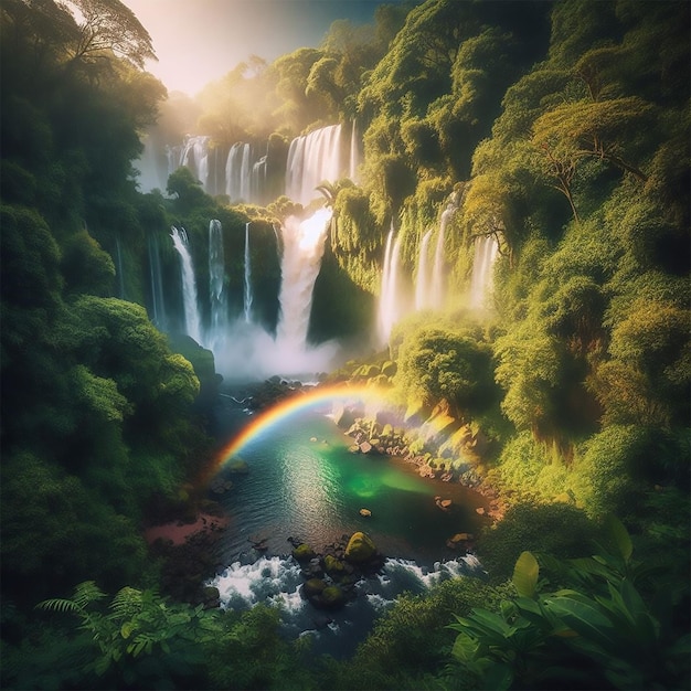 A rainbow over a waterfall surrounded by lush vegetation