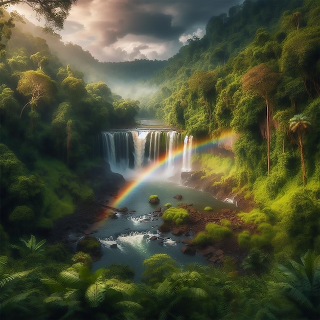 A rainbow over a waterfall surrounded by lush vegetation