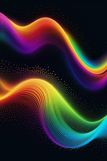 Photo a rainbow waves and dots on a dark abstract background vertical composition