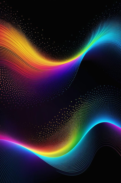 A rainbow waves and dots on a dark abstract background vertical composition