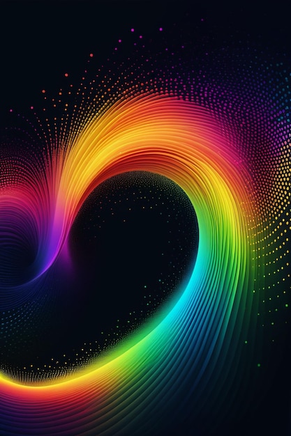 A rainbow waves and dots on a dark abstract background vertical composition