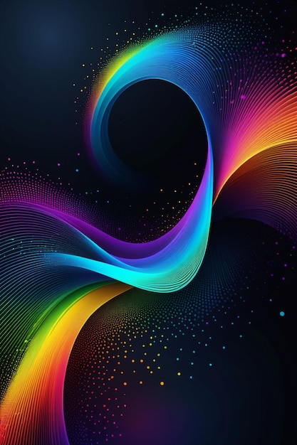 A rainbow waves and dots on a dark abstract background vertical composition