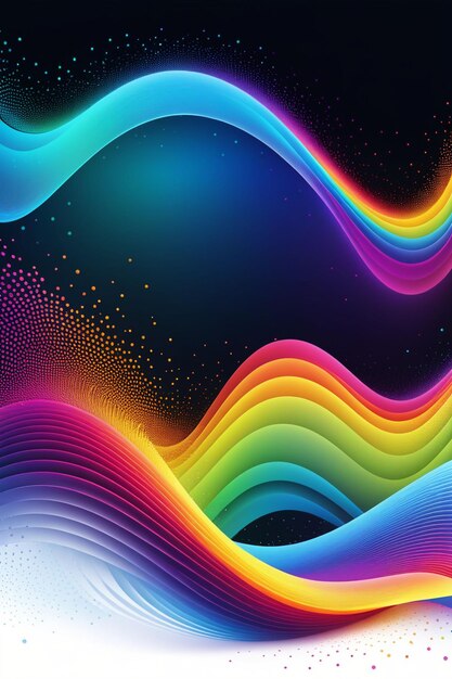 A rainbow waves and dots on a dark abstract background vertical composition