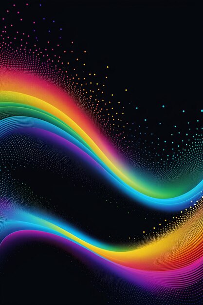 A rainbow waves and dots on a dark abstract background vertical composition