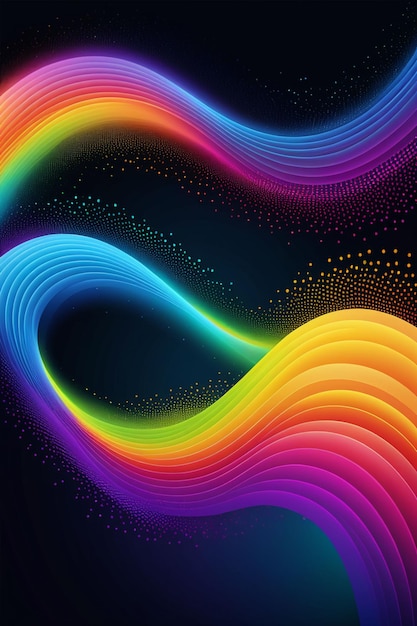 A rainbow waves and dots on a dark abstract background vertical composition