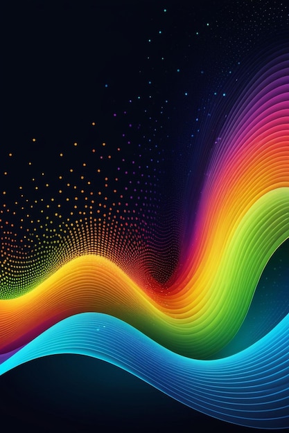 Photo a rainbow waves and dots on a dark abstract background vertical composition