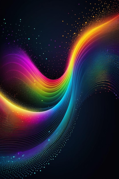 A rainbow waves and dots on a dark abstract background vertical composition