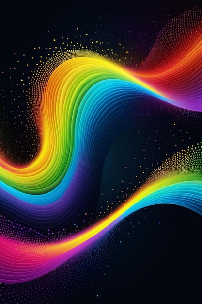 A rainbow waves and dots on a dark abstract background vertical composition