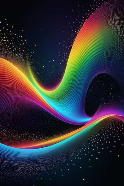 A rainbow waves and dots on a dark abstract background vertical composition