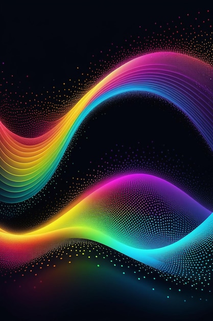 Photo a rainbow waves and dots on a dark abstract background vertical composition