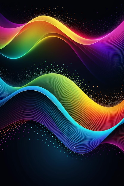 A rainbow waves and dots on a dark abstract background vertical composition