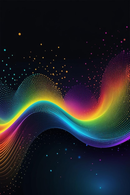 Photo a rainbow waves and dots on a dark abstract background vertical composition