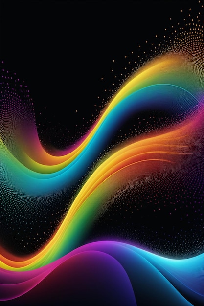 A rainbow waves and dots on a dark abstract background vertical composition