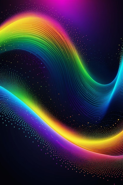 A rainbow waves and dots on a dark abstract background vertical composition