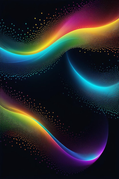 Photo a rainbow waves and dots on a dark abstract background vertical composition